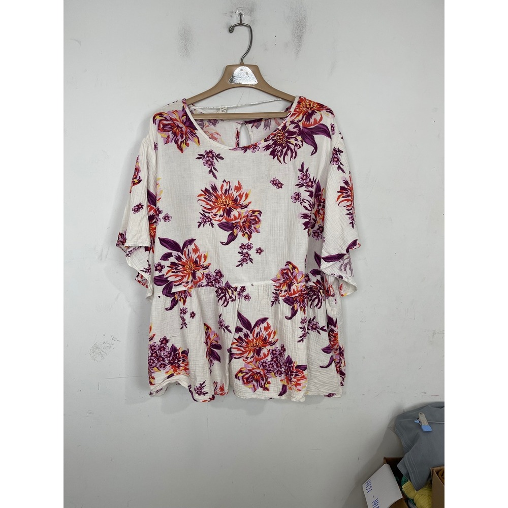 Terra & Sky Women 3X Floral Babydoll Top White Purple Orange Peplum Gauze Blouse